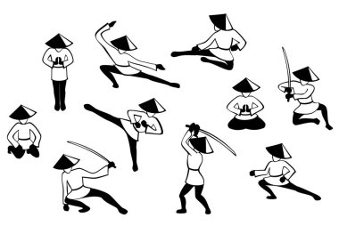 Siyah ve beyaz japenise savaşçılar görüntüleri eylem kümesi. Eps10 vektör çizim