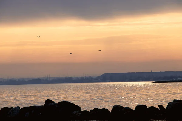 Solnedgång Låg Havsutsikt Mörka Moln — Stockfoto