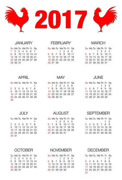 Календарний дизайн 2017 з червоним півня. Календар на 2017 рік з червоним півня — стоковий вектор