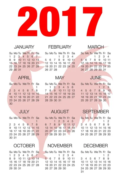Календарний дизайн 2017 з червоним півня. Календар на 2017 рік з червоним півня — стоковий вектор
