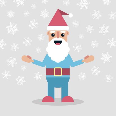 düz Noel baba karakteri ile gri arka plan üzerinde kar taneleri