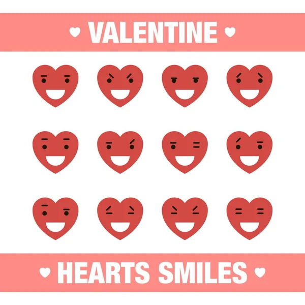 Red valentine hearts smiles set — Stock Vector