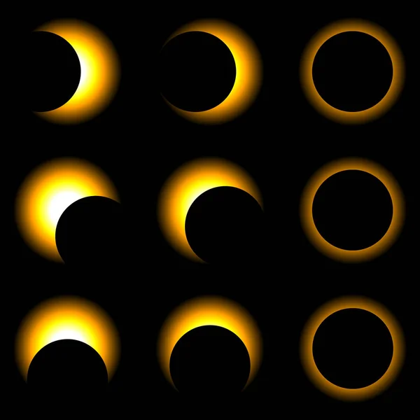 Sun Eclipse Vektor Illustration Total Eclipse Sun Med Corona Mörk — Stock vektor