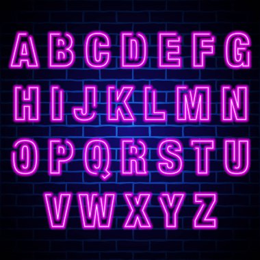 Mavi tuğla duvar zemininde neon ışıklı alfabe