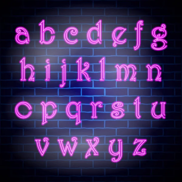 ネオンライトアルファベット ブルーレンガの壁の背景 — ストックベクタ