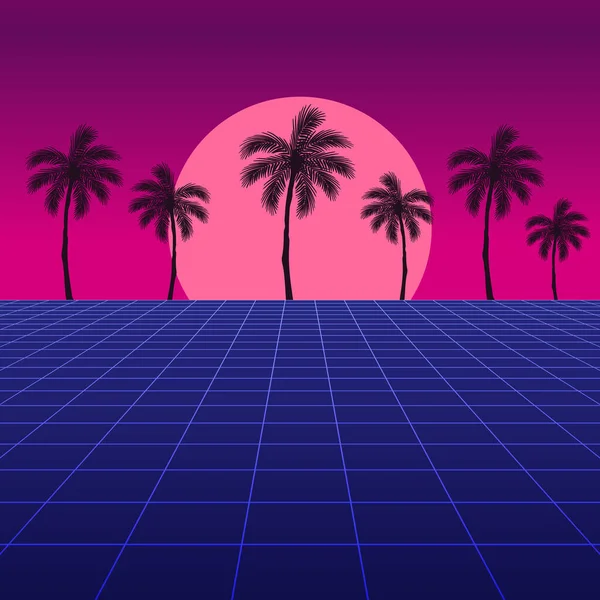 Synthwave Retro Ontwerp Palmen Zon Retro Vector Illustratie — Stockvector