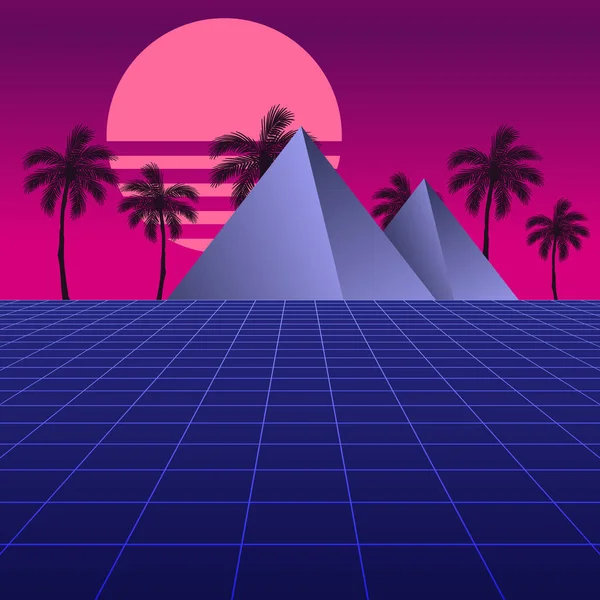 Synthwave Retro Design Pyramiden Palmen Und Sonne Vektorillustration — Stockvektor