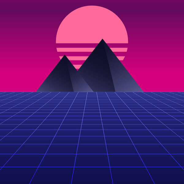 Synthwave retro design, Pyramids and sun, vector illustration