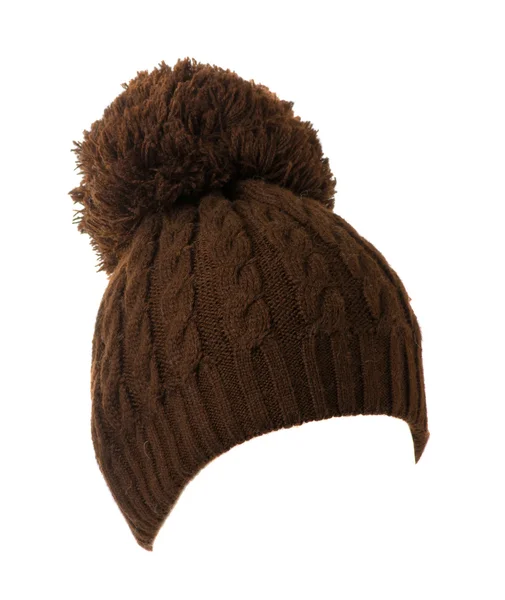 Stickad mössa isolerad på vit bakgrund .hat med pompon brun — Stockfoto