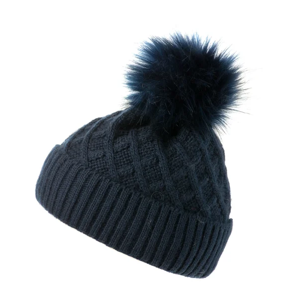 Knitted hat isolated on white background .hat with pompon  blu — Stock fotografie