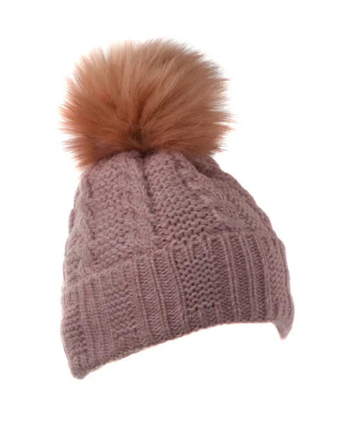 Chapeau tricoté femme isolé sur fond blanc. Chapeau avec pompon — Photo