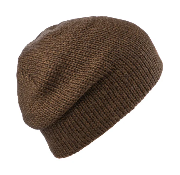 白色背景上孤立的针织的帽。棕色的帽子 — 图库照片