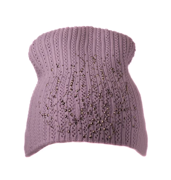 妇女的针织的帽白色 background.purple 帽子上孤立 — 图库照片