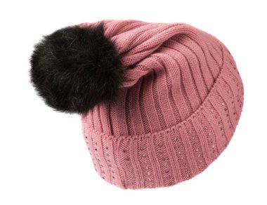   Beyaz background.hat pompası ile izole kadın örgü şapka