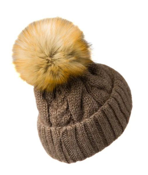 Dámská pletená čepice izolovaných na bílém background.hat s pompo — Stock fotografie