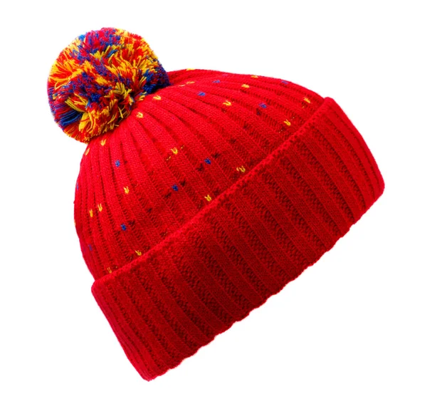 Knitted hat isolated on white background .hat with pompon . re — Stock Photo, Image