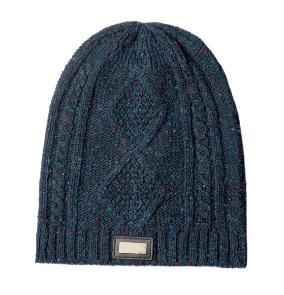 Beyaz arka plan .knitted hat.blue şapka izole şapka — Stok fotoğraf