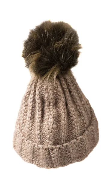 Chapeau tricoté femme isolé sur fond blanc. Chapeau avec pompon — Photo