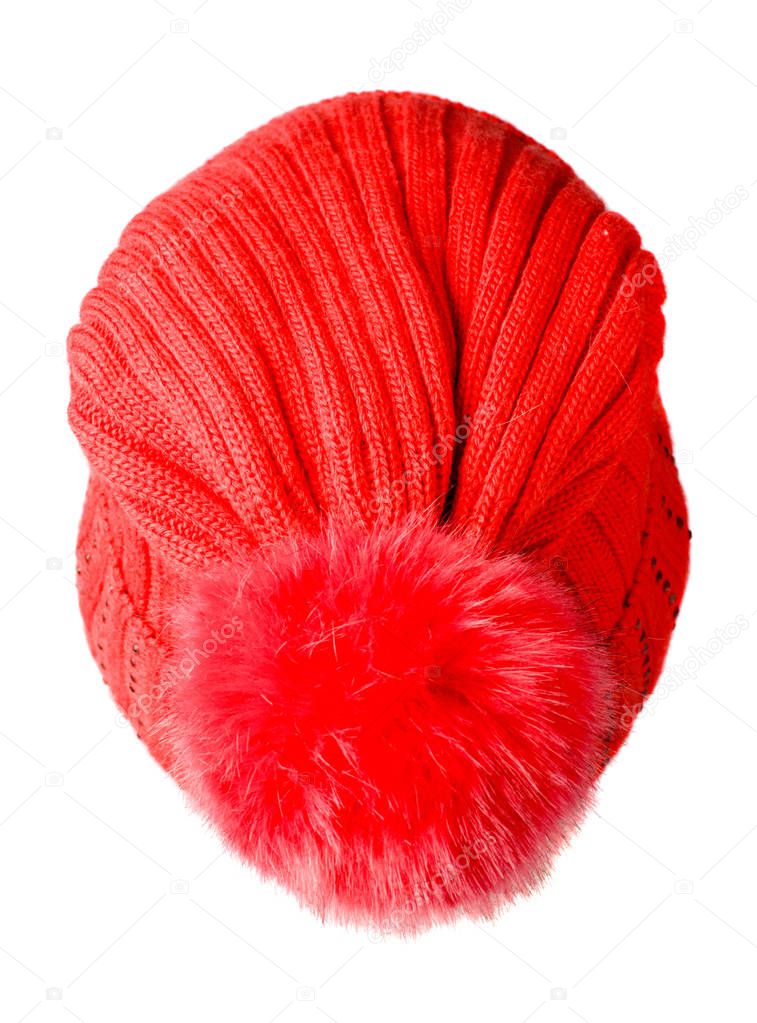   Women's knitted hat isolated on white background.hat with pomp