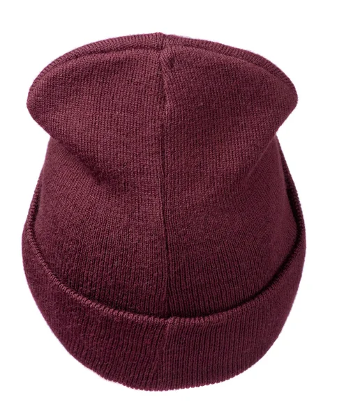 Beyaz arka plan .knitted şapka .karanlık kırmızı izole şapka — Stok fotoğraf