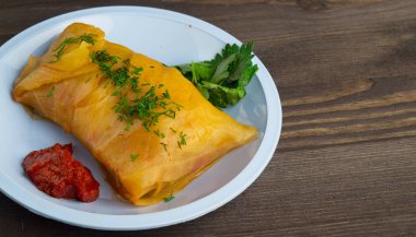 lahana bir tabakta et. et lahana Üstten Görünüm