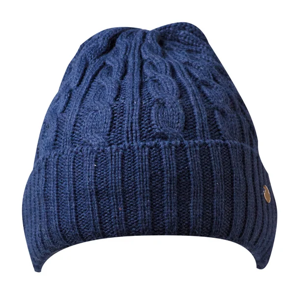 白色背景.knitted 帽子上孤立的帽子。蓝色的帽子 — 图库照片