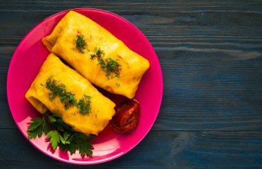 lahana bir tabakta et. et lahana Üstten Görünüm