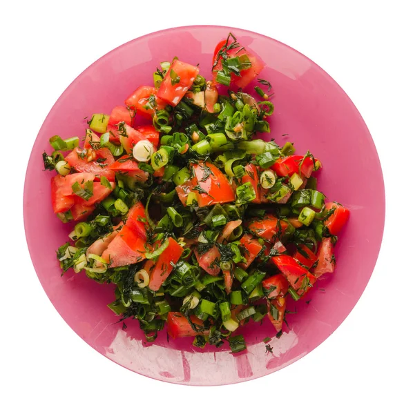  salata domates, soğan, dereotu beyaz izole bir plaka üzerinde