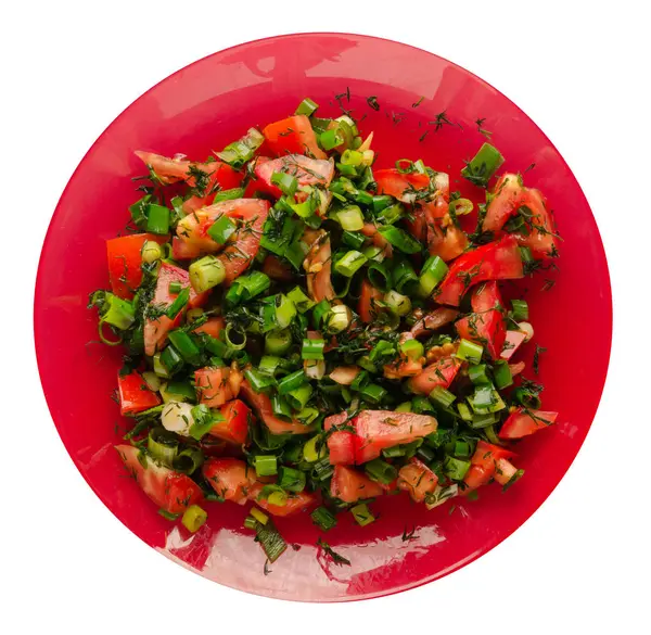  salata domates, soğan, dereotu beyaz izole bir plaka üzerinde