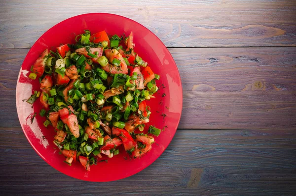 Tomaten, Zwiebeln, Fenchel auf einem Teller auf einem hölzernen Hintergrund — Stockfoto