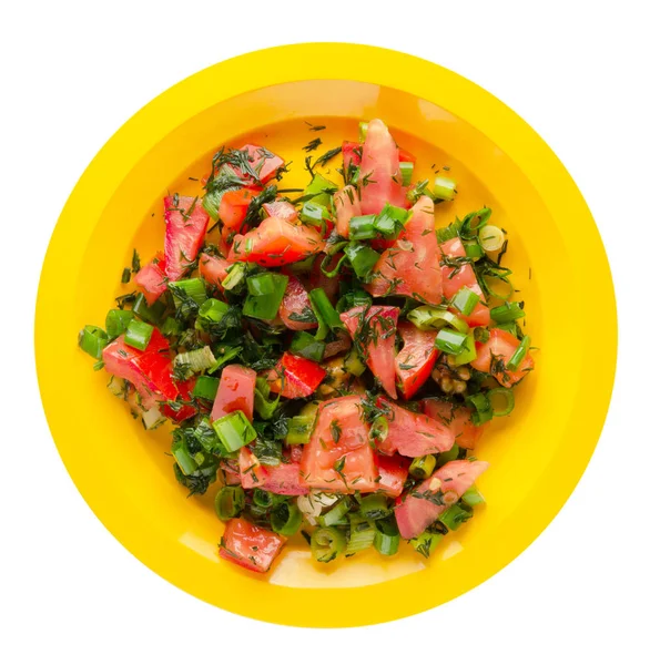 Tomates, cebolla, hinojo en un plato aislado sobre fondo blanco —  Fotos de Stock
