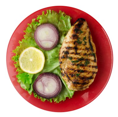  ızgara tavuk fileto sebzeler (limon, salata, soğan) olduğunu