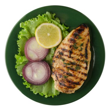  ızgara tavuk fileto sebzeler (limon, salata, soğan) olduğunu