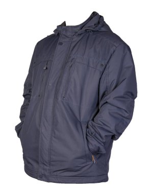 Beyaz arka planda izole edilmiş kapüşonlu bir erkek ceketi. Rüzgâr Kırması