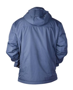 Beyaz arka planda izole edilmiş kapüşonlu bir erkek ceketi. Rüzgarlık ceketi ön görünüm.