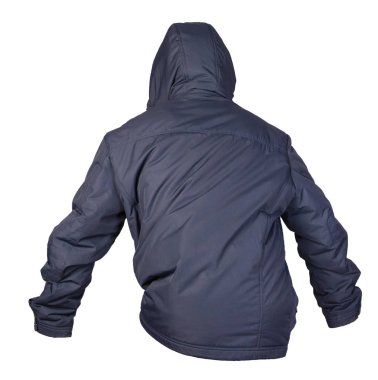 Beyaz arka planda izole edilmiş kapüşonlu bir erkek ceketi. Rüzgâr Kırması