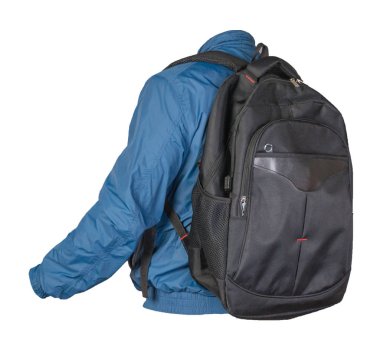 Siyah bir sırt çantası. Mavi bir ceket. Beyaz bir sırt çantası.