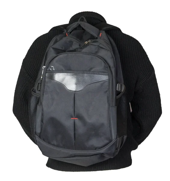 Černý batoh oblečený v pleteném svetru izolované na bílém ba — Stock fotografie