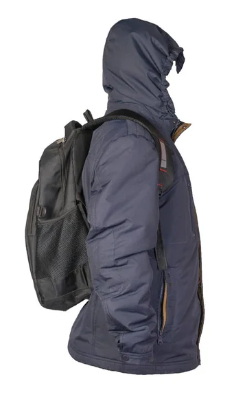 Schwarzer Rucksack mit blauer Jacke auf weißem Hintergrund. — Stockfoto