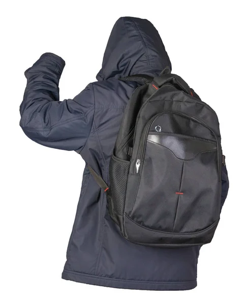 Black backpack dressed in a blue jacket isolated on a white back — Stock Photo, Image