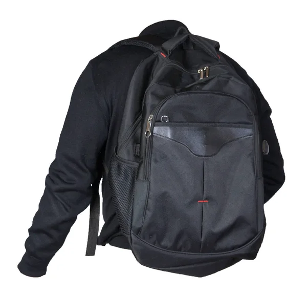 Черный рюкзак, одетый в вязаный свитер, изолированный на белой ба — стоковое фото