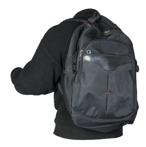뜨개 질을 한 스웨터를 입은 검은 가방 이 휘슬에 고립되어 있다 — 스톡 사진