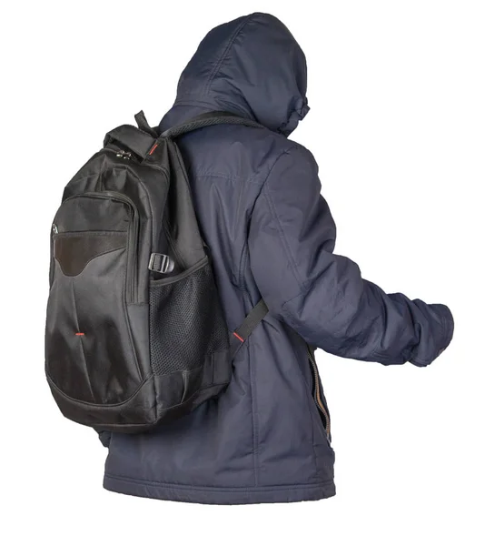 Schwarzer Rucksack mit blauer Jacke auf weißem Hintergrund. — Stockfoto