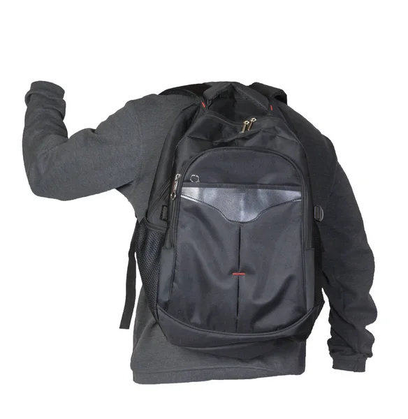 Schwarzer Rucksack, bekleidet mit einem Strickpullover auf weißem Hintergrund. — Stockfoto