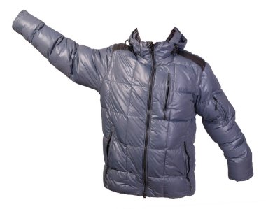 Beyaz arka planda izole edilmiş kapüşonlu bir erkek ceketi. Rüzgâr Kırması