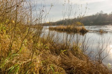 Sonbaharda günbatımında sakin nehir.
