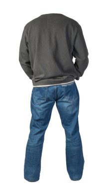 Beyaz arka planda izole edilmiş erkek kazağı ve kot pantolon. Sıradan pıhtı.