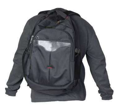  Örgü kazak giymiş siyah bir sırt çantası.