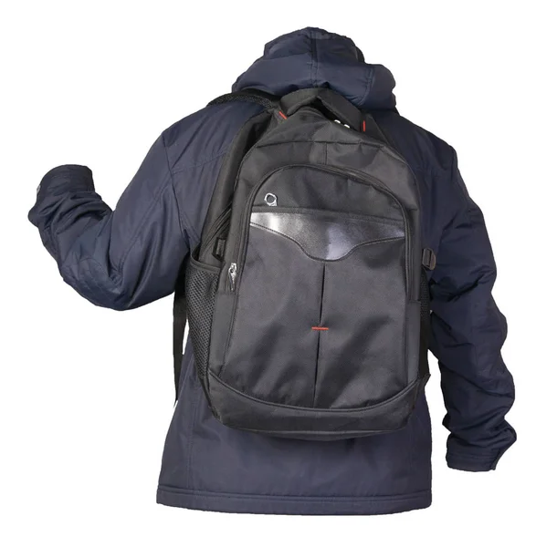 Schwarzer Rucksack Bekleidet Mit Einer Blauen Jacke Auf Weißem Hintergrund — Stockfoto