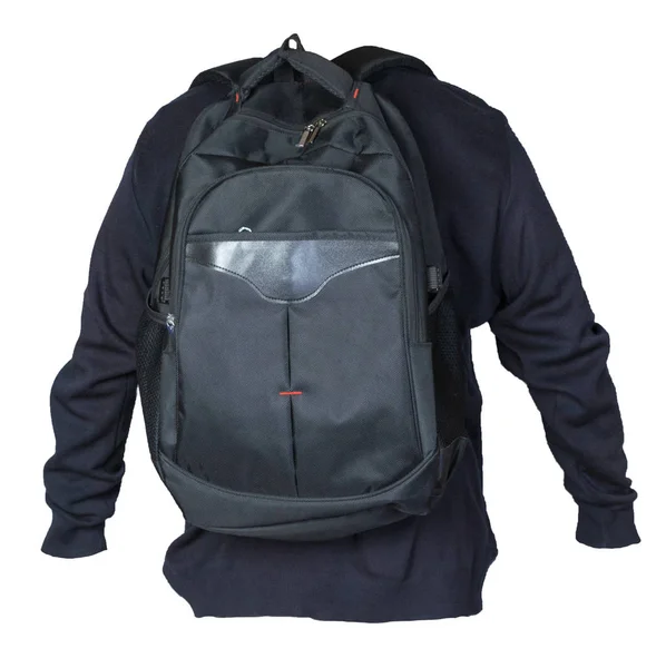 Černý batoh oblečený v pleteném svetru izolovaném na bílém — Stock fotografie